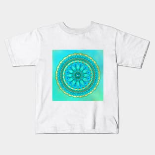 Flower mandala blue gold on watercolor background Kids T-Shirt